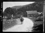 Speed- Don Rides Horse On Road Near Barn by George French
