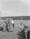 Two Lobstermen Near Traps On Dock, Harbor And Shore Behind In South Bristol by George French