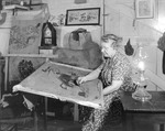 "Sis" Works On Rug Making In Her Shop By Kerosene Lamplight by George French