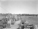 Many Lobster Traps On Pier Leading To Shacks, Men, Harbor Beyond, Then Land At Bailey Island by George French