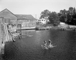 Many Children Swimming, Sit Near Mill Or Float On Homemade Raft At Mill Pond, Partial View Of Village Behind In East Boothbay by George French