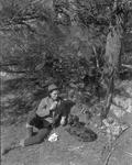 Hunter And His Dog With Days Bag, Sitting Under A Tree Having A Cup Of Coffee by French George