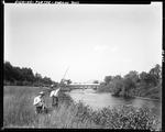 Two Boys Fishing Stream, Covered Bridge In Background--Porter by French George