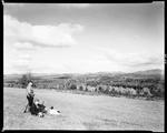 Two Hunters And A Dog In A Field In Parsonsfield, Nice View Of Mountains by George French
