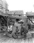 Man And Two Boys Looking Over Clams On A Dock Surrounded By Fishing Gear In New Harbor by George French