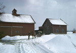Man Hitching Horse To One Horse Sleigh With Three Ladies In It, House And Barn In Background by George French