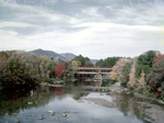 River And Mountain Views Near Conway, New Hampshire, Covered Bridge In Far Center by George French