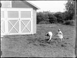 Young Boy And Girl Playing In Cut Hay Outside Of A Barn by George French