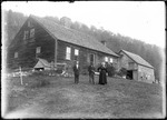 Three People Standing In Front Of Cape Style House With Barn, Kezar Falls-Parsonsfield by George French