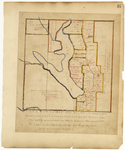 Page 46.  Plan of Township 13, Range 6 WELS showing the lots as surveyed by Z[ebulon] Bradley, in 1844, and shaded yellow; Also the lots as surveyed by William D. Dana, in 1861, shaded red, copied August 12, 1869 by Noah Barker.