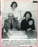 Newspaper Clipping - 1994 - Delmar Brown is Resident of the Month at the Caribou Nursing Home - Sitting beside him is his daughter, Helen Espling, holding great-granddaughter, Kristin Espling. Standing is Meagan Espling