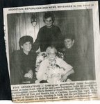 Newspaper clipping - 1988 - Five generations - Helen Bourgoine holding g-granddaughter Amber Marie Hebert. L-R Cher Hebert, Sandra Cox and Blance Evans